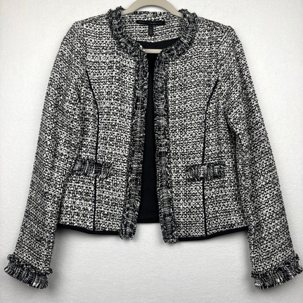 White House Black Market Jacket Womens Small Tweed Fringe Open Front Cropped - Picture 2 of 10